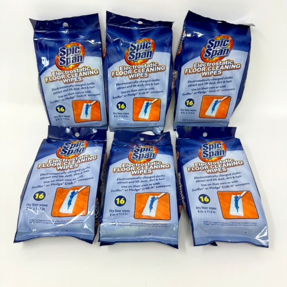 Lot 6 Spic & Span Electrostatic Floor Cleaning Wipes 96 Total Dry Floor Wipes